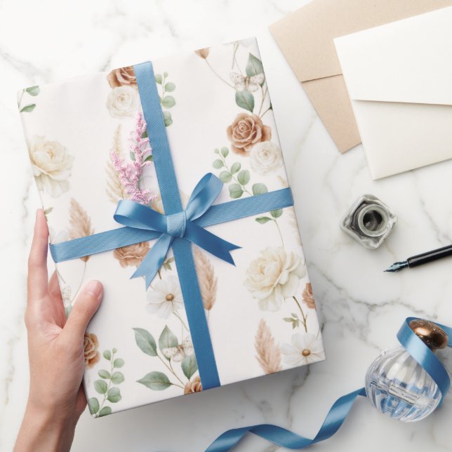 Papel De Presente Chuva Nupcial Boêmia Marrom Creme Flores (Presentear)