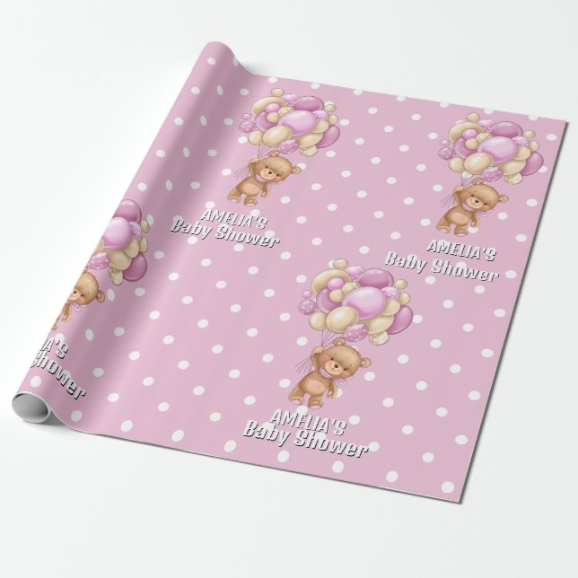 Papel De Presente  Chuveiro de Bebê Urso Teddy Rosa Adorável  (Desenrolado)