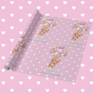 Papel De Presente Chuveiro de Bebê Urso Teddy Rosa Adorável