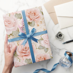 Papel De Presente Chuveiro de Noiva Floral Rosas Rosa Bege Creme