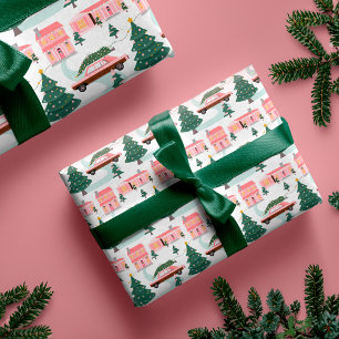Papel De Presente Cidade da Árvore de Natal de Carro vintage Rosa da