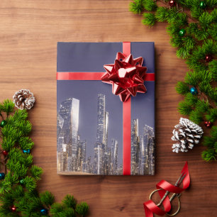 Papel De Presente Cidade Futurista de Ficção Científica Refletida na