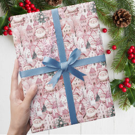 Papel De Presente Cidadezinha de Inverno Moderna Rosa Natal