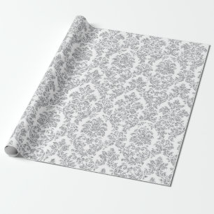 Papel De Presente Cinza Branca de Silver Royal Floral Damask Vip