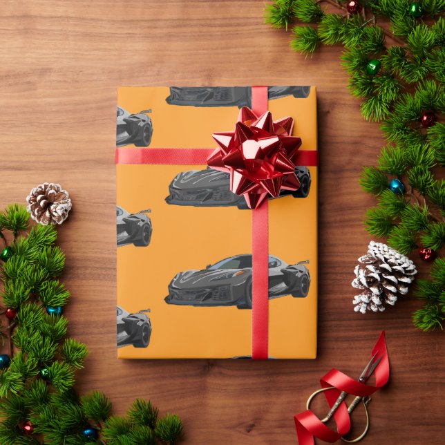 Papel De Presente Cinza C8 Corvette Sports Car Desenhado (Presente de Natal)