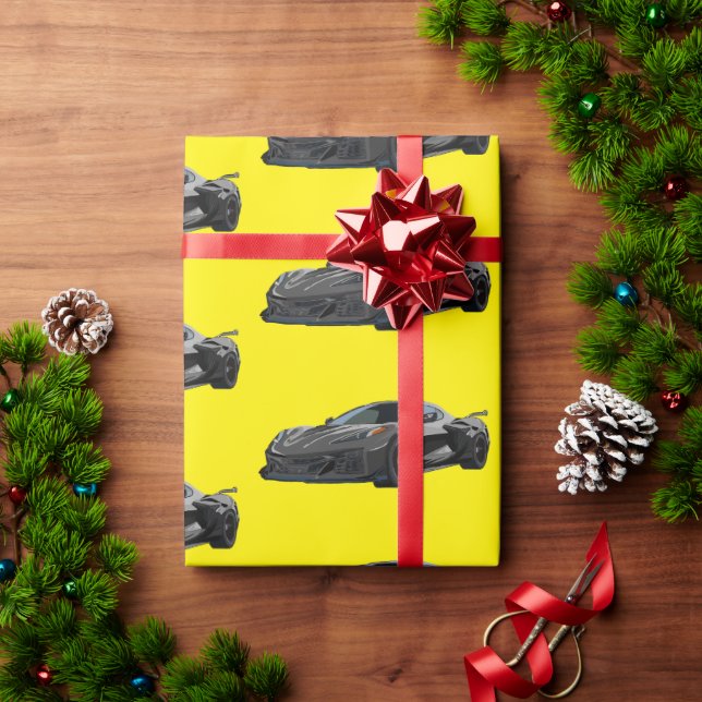 Papel De Presente Cinza C8 Corvette Sports Car Desenhado (Presente de Natal)