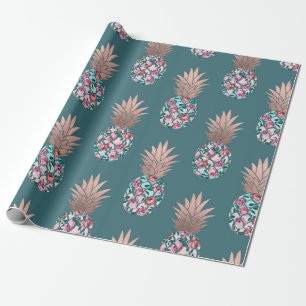 Papel De Presente Cinza-Chic Rosa Floral Dourada Verde-Teal-Abacaxis
