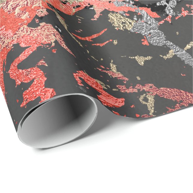 Papel De Presente Cinza de Gráfico Preto de Coral de Mármore Dourado (Ponta do rolo)