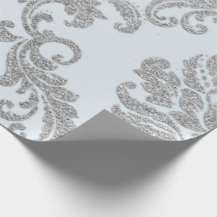 Papel De Presente Cinza de prata Damask Lux Azul Metálico Real