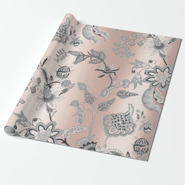 Papel De Presente Cinza De Prata Floral Rosa Rosa Esbranquiçada Oric (Desenrolado)