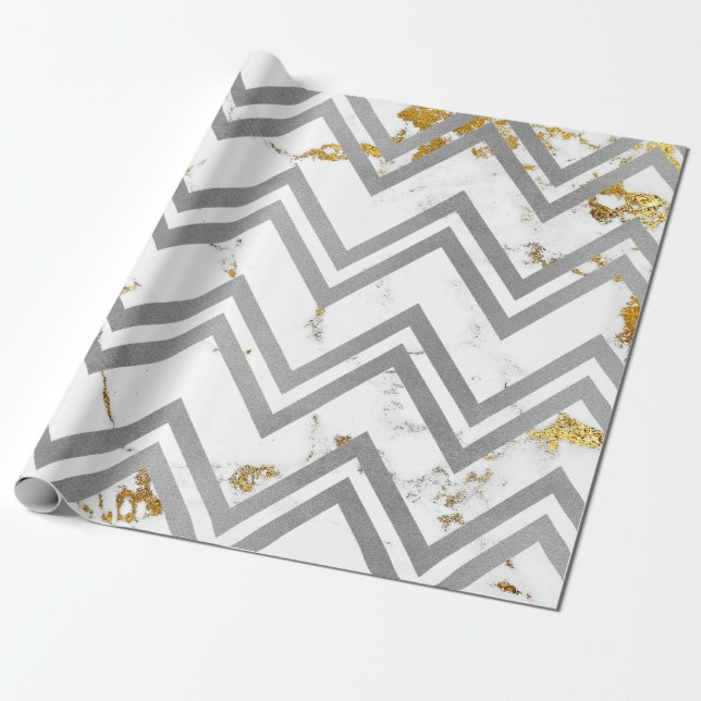 Papel De Presente Cinza Dourada Marble Carrara Chevron Zig Zag (Desenrolado)
