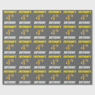 Papel De Presente Cinza, Dourado Falso/Imitação, "ANIVERSÁRIO DE 4 A