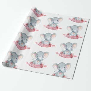 Papel De Presente Cinza e rosa, bebê elefante