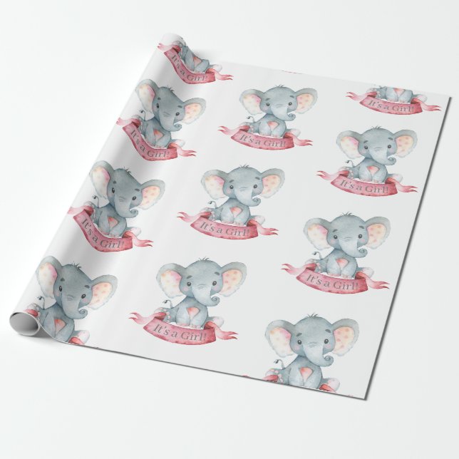 Papel De Presente Cinza e rosa, bebê elefante (Desenrolado)