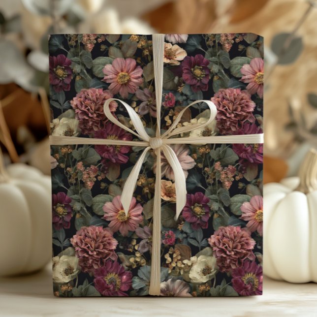 Papel De Presente Cinza Escuro Brilhante, Rosa Floral e Verde (Criador carregado)