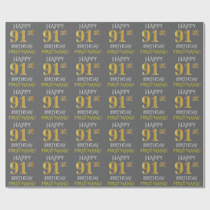 Papel De Presente Cinza, Falso Ouro "FELIZ ANIVERSÁRIO DE 91 ANOS"