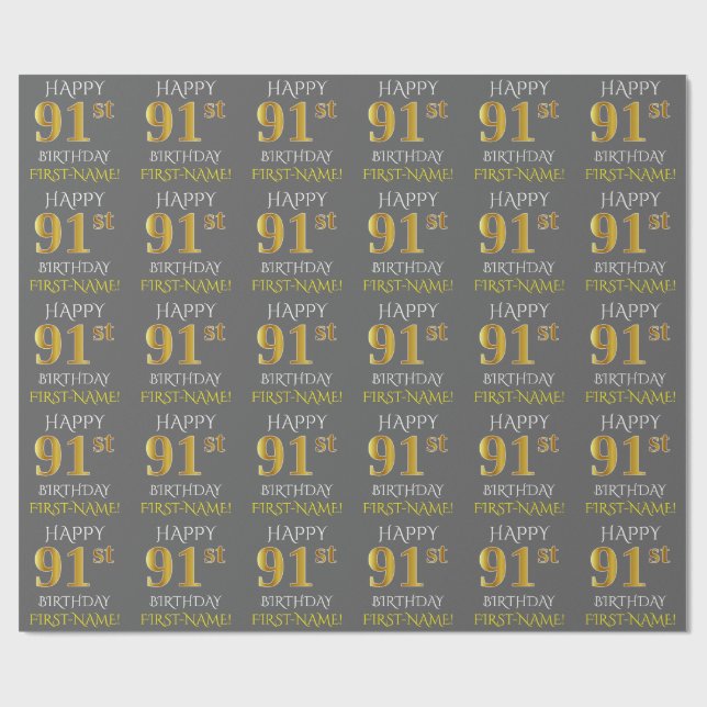 Papel De Presente Cinza, Falso Ouro "FELIZ ANIVERSÁRIO DE 91 ANOS" (Aberto)