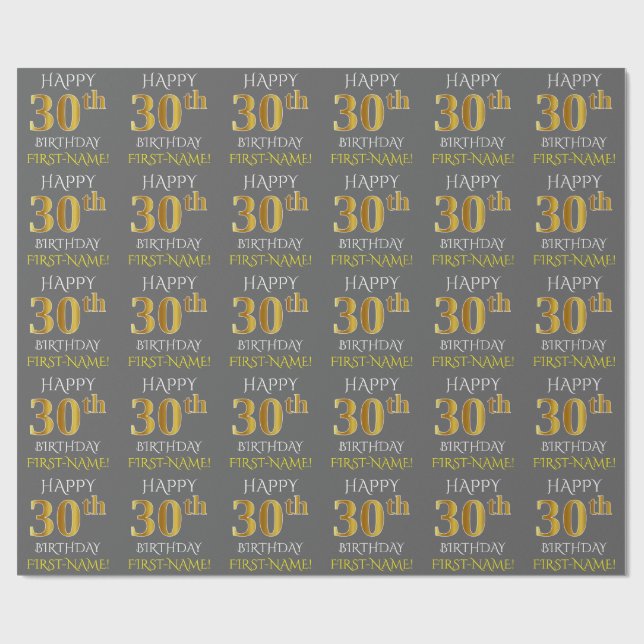 Papel De Presente Cinza, Faux Dourado "aniversário de 30 anos FELIZ" (Aberto)