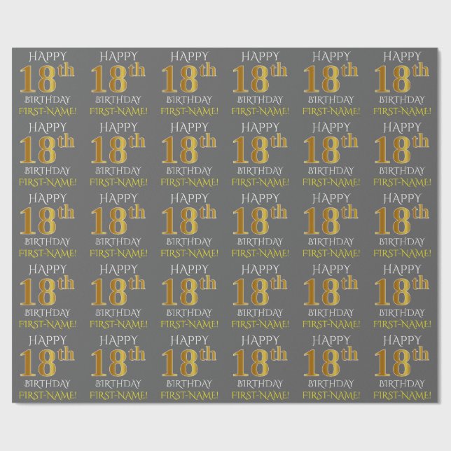 Papel De Presente Cinza, Faux Dourado "FELIZ 18 ANOS" (Aberto)