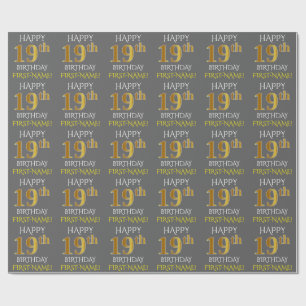 Papel De Presente Cinza, Faux Dourado "FELIZ 19º ANIVERSÁRIO"