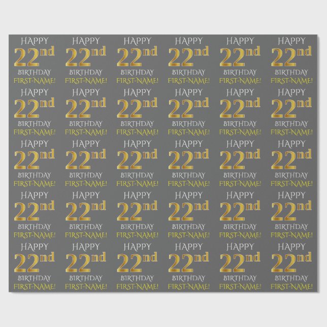 Papel De Presente Cinza, Faux Dourado "FELIZ 22º ANIVERSÁRIO" (Aberto)