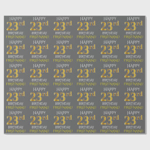 Papel De Presente Cinza, Faux Dourado "FELIZ 23º ANIVERSÁRIO"