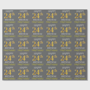 Papel De Presente Cinza, Faux Dourado "FELIZ 24º ANIVERSÁRIO"
