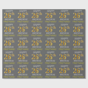 Papel De Presente Cinza, Faux Dourado "FELIZ 26º ANIVERSÁRIO"