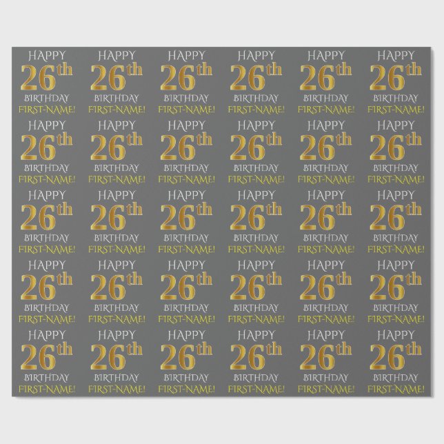 Papel De Presente Cinza, Faux Dourado "FELIZ 26º ANIVERSÁRIO" (Aberto)
