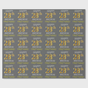 Papel De Presente Cinza, Faux Dourado "FELIZ 28 ANOS"