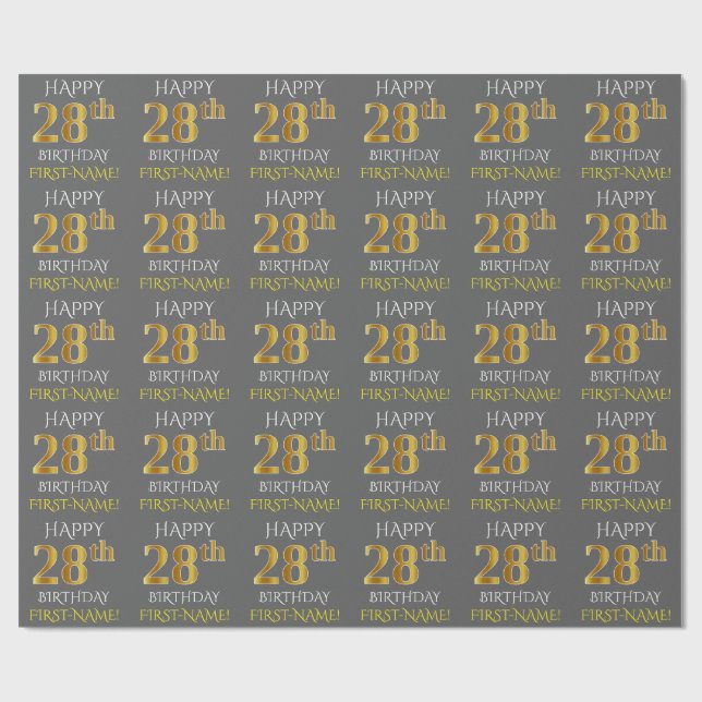 Papel De Presente Cinza, Faux Dourado "FELIZ 28 ANOS" (Aberto)