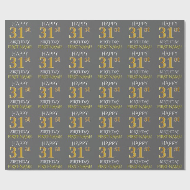 Papel De Presente Cinza, Faux Dourado "FELIZ 31º ANIVERSÁRIO" (Aberto)