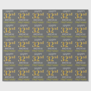 Papel De Presente Cinza, Faux Dourado "FELIZ 32º ANIVERSÁRIO"