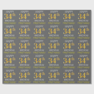 Papel De Presente Cinza, Faux Dourado "FELIZ 34 ANOS"