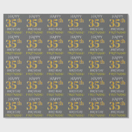 Papel De Presente Cinza, Faux Dourado "FELIZ 35 ANOS"
