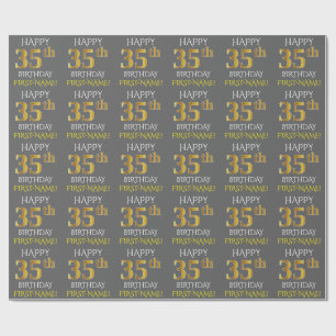 Papel De Presente Cinza, Faux Dourado "FELIZ 35 ANOS"