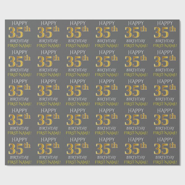 Papel De Presente Cinza, Faux Dourado "FELIZ 35 ANOS" (Aberto)