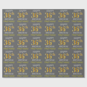 Papel De Presente Cinza, Faux Dourado "FELIZ 36 ANOS"