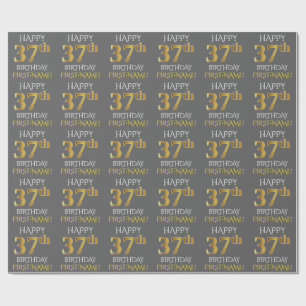 Papel De Presente Cinza, Faux Dourado "FELIZ 37 ANOS"