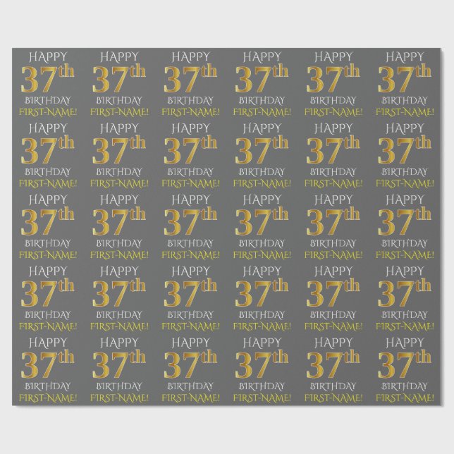 Papel De Presente Cinza, Faux Dourado "FELIZ 37 ANOS" (Aberto)