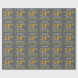 Papel De Presente Cinza, Faux Dourado "FELIZ 38 ANOS"