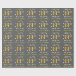 Papel De Presente Cinza, Faux Dourado "FELIZ 39 ANOS"