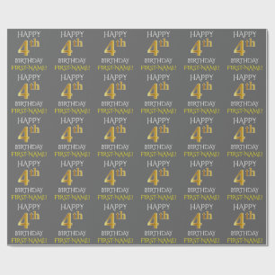 Papel De Presente Cinza, Faux Dourado "FELIZ 4º ANIVERSÁRIO"