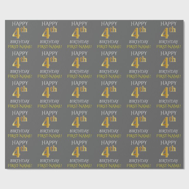 Papel De Presente Cinza, Faux Dourado "FELIZ 4º ANIVERSÁRIO" (Aberto)