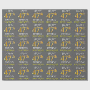 Papel De Presente Cinza, Faux Dourado "FELIZ 47º ANIVERSÁRIO"