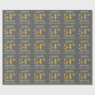 Papel De Presente Cinza, Faux Dourado "FELIZ 54 ANOS"