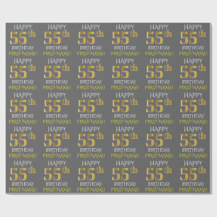 Papel De Presente Cinza, Faux Dourado "FELIZ 55 ANOS"
