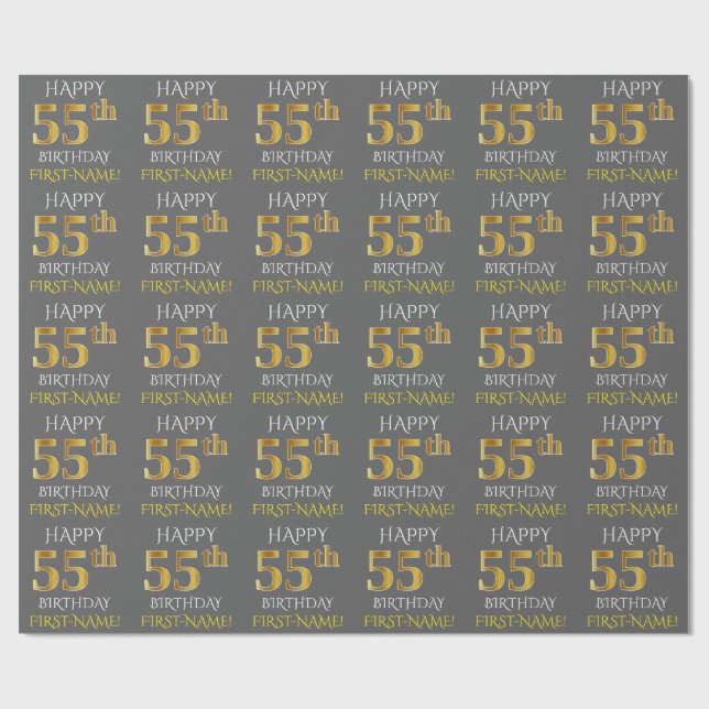 Papel De Presente Cinza, Faux Dourado "FELIZ 55 ANOS" (Aberto)