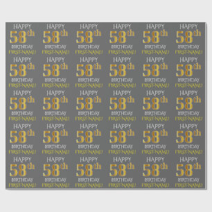 Papel De Presente Cinza, Faux Dourado "FELIZ 58 ANOS"
