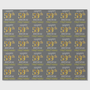 Papel De Presente Cinza, Faux Dourado "FELIZ 59 ANOS"
